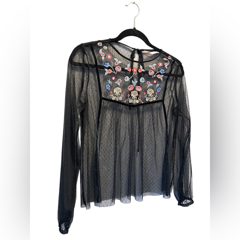 Zara Black Sheer Tulle Embroidered Long Sleeve Top Size M